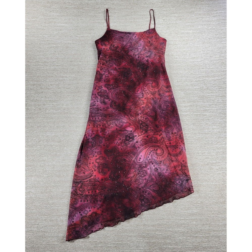 My Michelle Asymmetrical Slip Dress Large Red Glitter Y2K Paisley Fairy Grunge